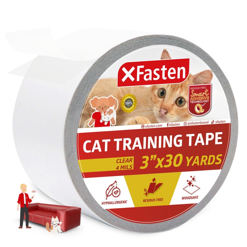 XFasten Anti-Scratch Cat Training Tape, 3-Inches x 30-Yards - Door, Couch, Furniture and Leather Scratch Guard Protector Tape for Cats and Pets - Image 1